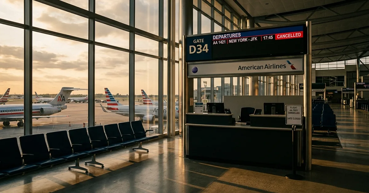 Empty American Airlines airport gate with cancelled departure board during sunset