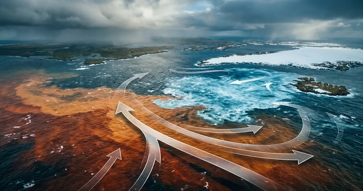 Aerial view of the North Atlantic showing warm and cold ocean currents with arrows indicating AMOC flow