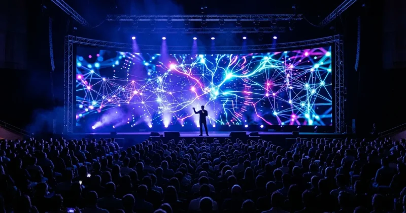 Silhouette of a presenter on stage at a tech conference with colorful AI neural network visuals on a massive screen