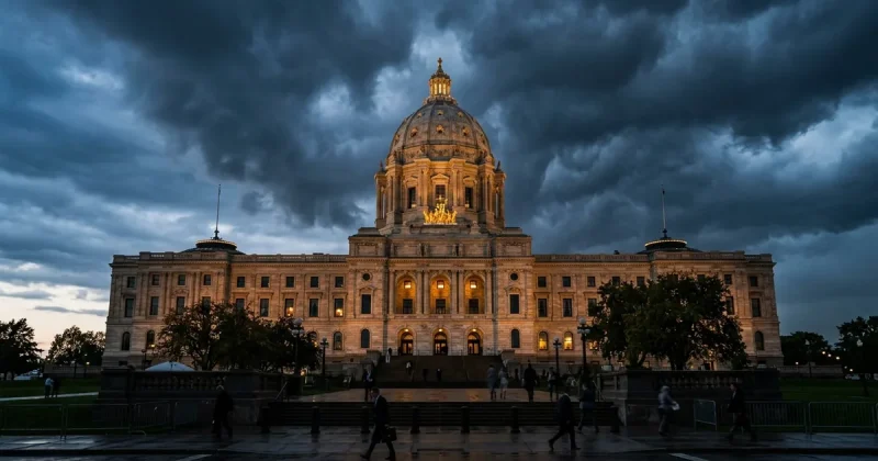 Minnesota State Capitol building illuminated at twilight with dramatic storm clouds gathering overhead