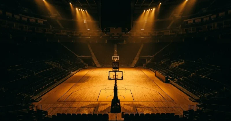 Empty basketball arena with golden overhead lighting casting shadows across the hardwood court