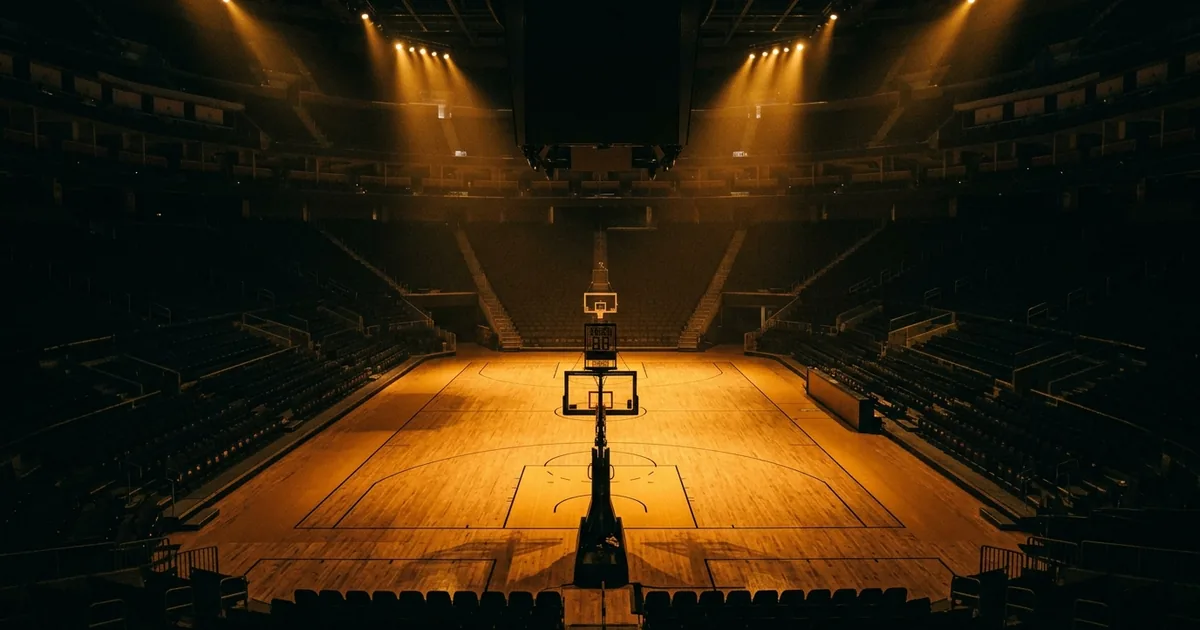 Empty basketball arena with golden overhead lighting casting shadows across the hardwood court