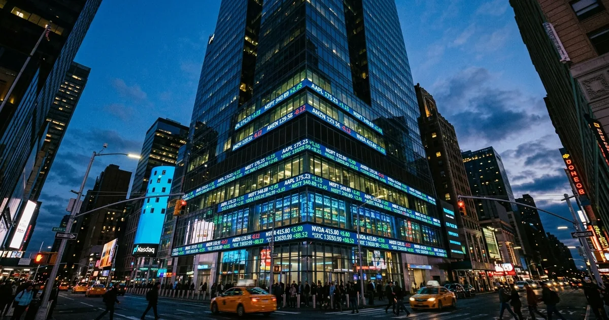 Nasdaq stock exchange building exterior at dusk with digital ticker screens glowing blue and green