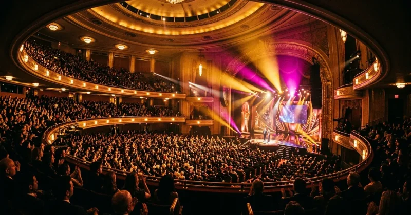 Radio City Music Hall packed auditorium during a live awards show with dramatic gold and magenta stage lighting