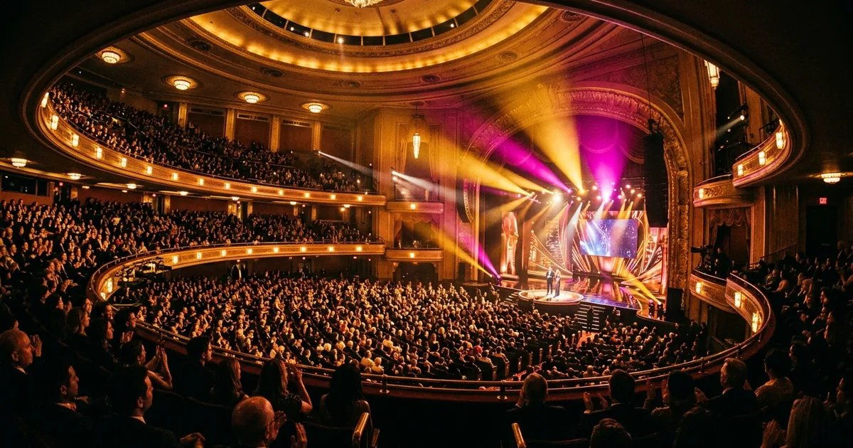 Radio City Music Hall packed auditorium during a live awards show with dramatic gold and magenta stage lighting
