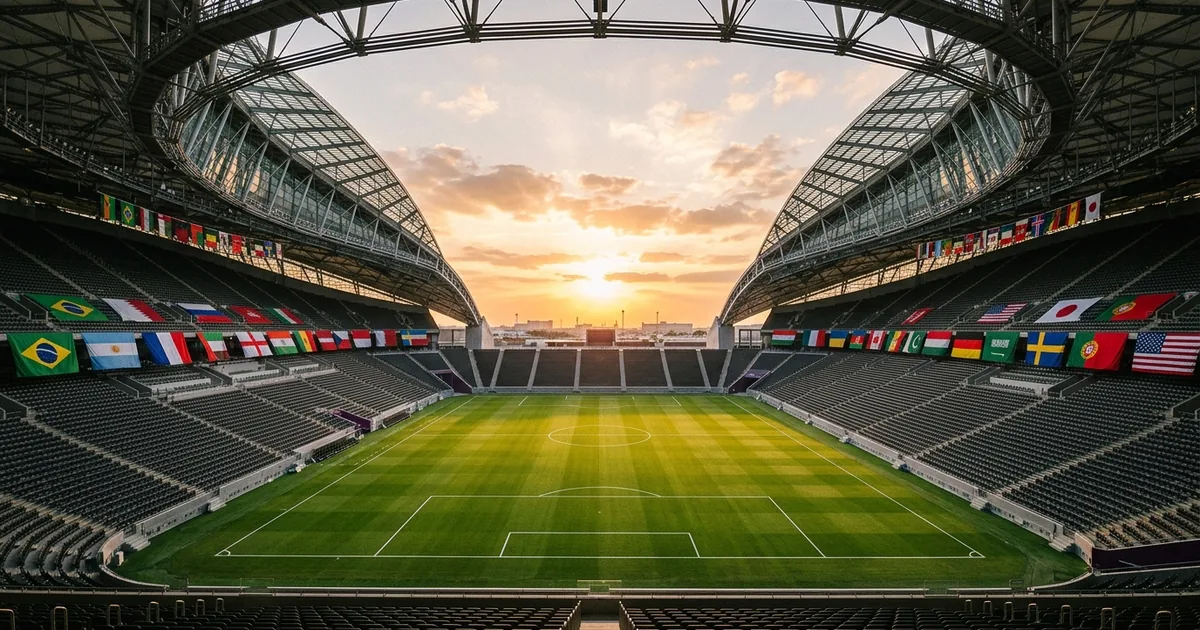 FIFA World Cup stadium at sunset with freshly lined pitch and colorful national flags along the upper tier