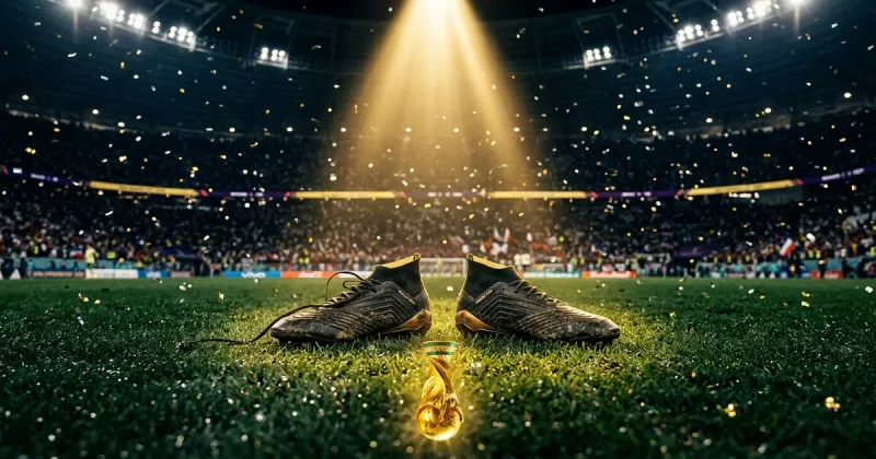 Golden soccer cleats on a floodlit stadium pitch with confetti and a golden trophy reflection