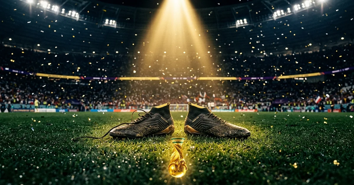 Golden soccer cleats on a floodlit stadium pitch with confetti and a golden trophy reflection