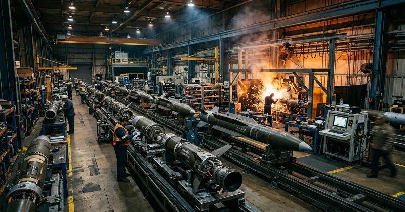 Rows of missiles on a defense manufacturing production line with welding sparks and industrial lighting