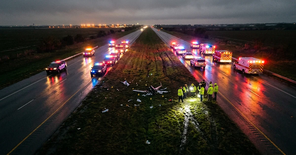 Aerial view of emergency vehicles with red and blue lights on a Texas highway surrounding aircraft crash debris at night