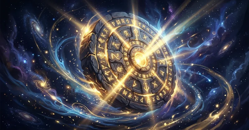 Glowing ancient stone wheel covered in golden runes spinning in a cosmic void with ethereal light beams