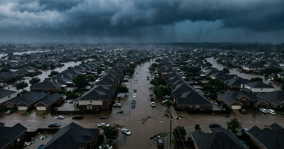 Aerial photograph of a flooded Texas residential neighborhood with submerged cars and streets under dark storm clouds
