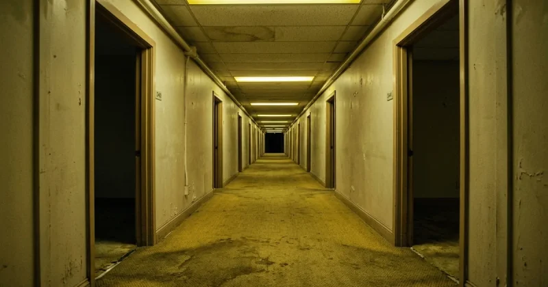 Eerie endless corridor with yellow fluorescent lighting and damp carpet in liminal backrooms style