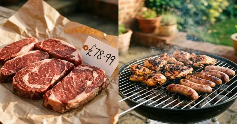 Raw beef steaks with a high price tag next to a backyard grill with chicken and sausages showing the shift to cheaper proteins
