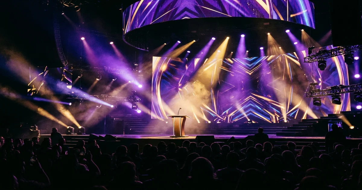 Music awards show stage with dramatic purple and gold lighting and audience silhouettes