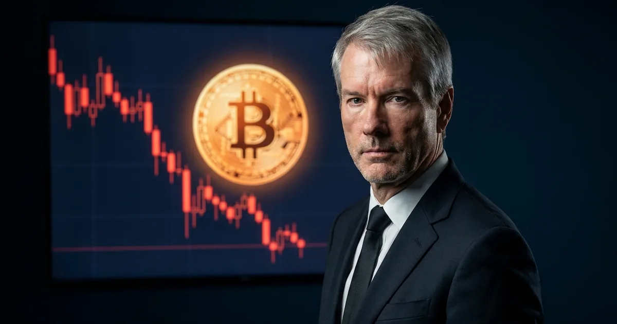 Michael Saylor in a dark suit standing before a screen showing a glowing Bitcoin symbol and a sharply falling red candlestick chart