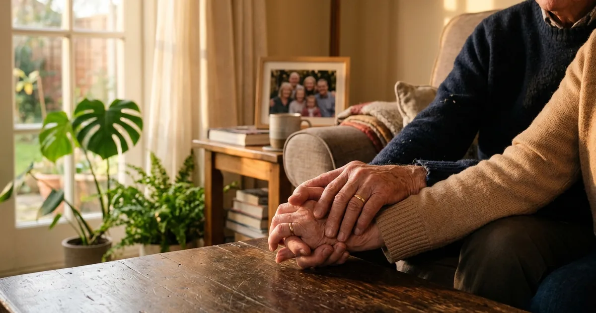 Couple holding hands in a sunlit living room with family photos in the background, representing caregiving and love