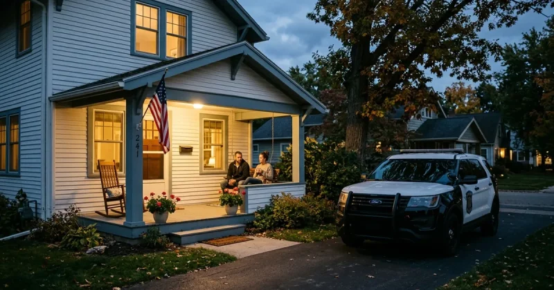 A quiet Michigan family home at dusk with a police vehicle parked in the driveway