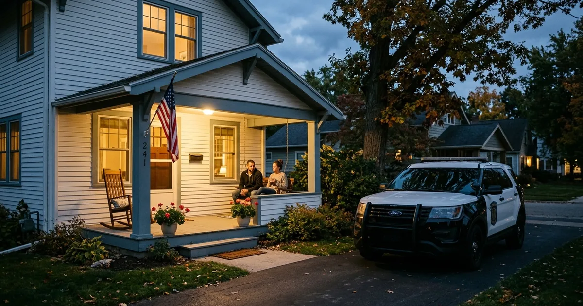 A quiet Michigan family home at dusk with a police vehicle parked in the driveway