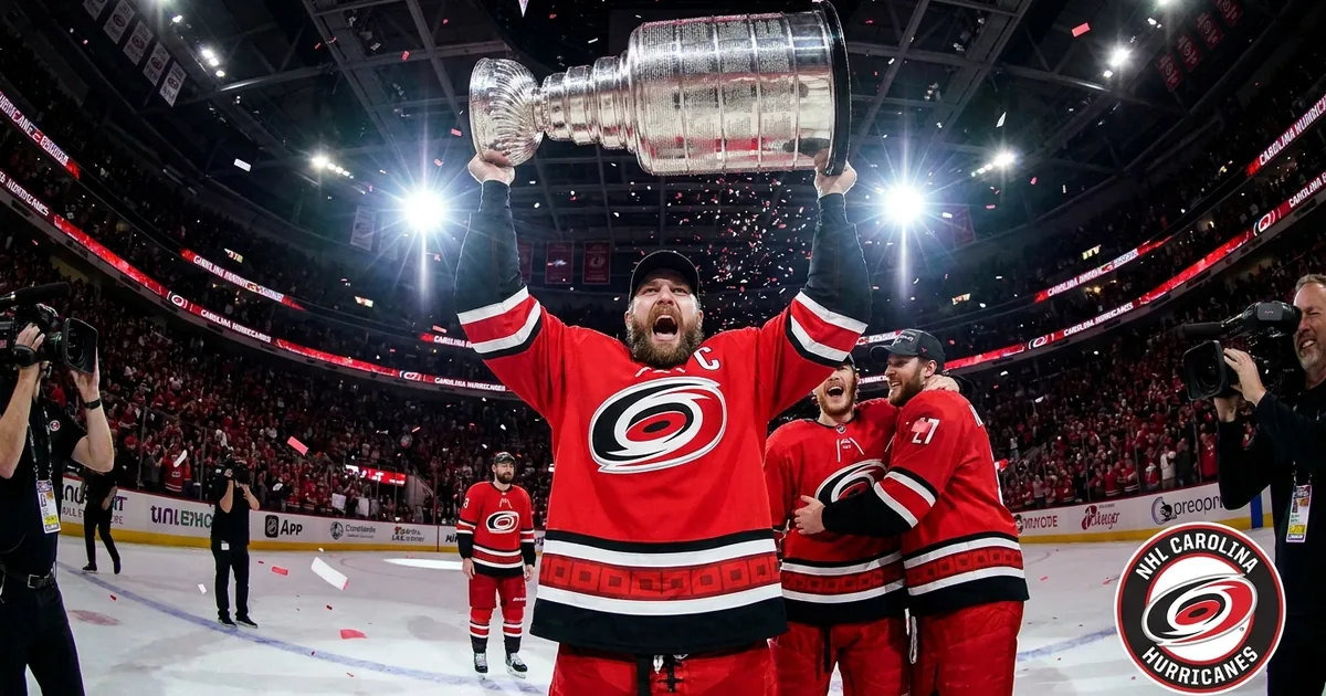 Carolina Hurricanes captain in a red home jersey with the team crest hoists the Stanley Cup overhead as teammates celebrate amid confetti in a packed arena