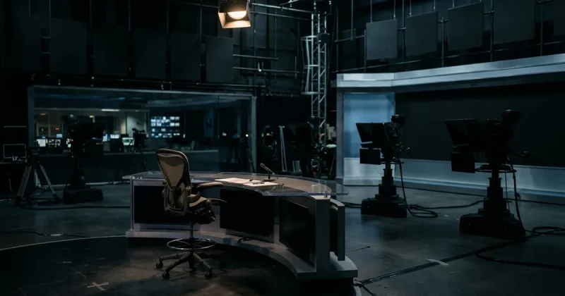 An empty anchor chair sits under a single fading spotlight in a darkened television news studio, cameras unmanned in shadow