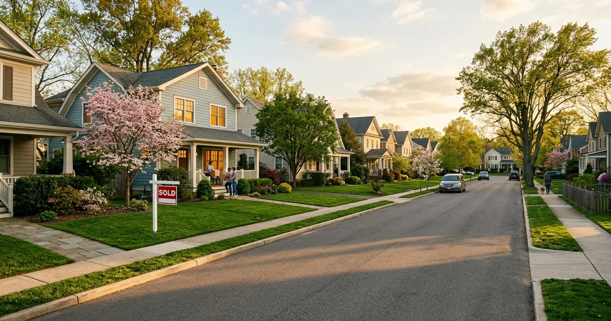 Suburban American neighborhood with single-family homes and a sold sign on a tree-lined street at golden hour