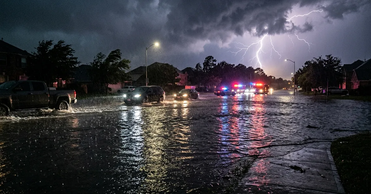 A flooded urban street at night during a severe thunderstorm with car headlights reflecting off standing water and emergency vehicle lights in the distance