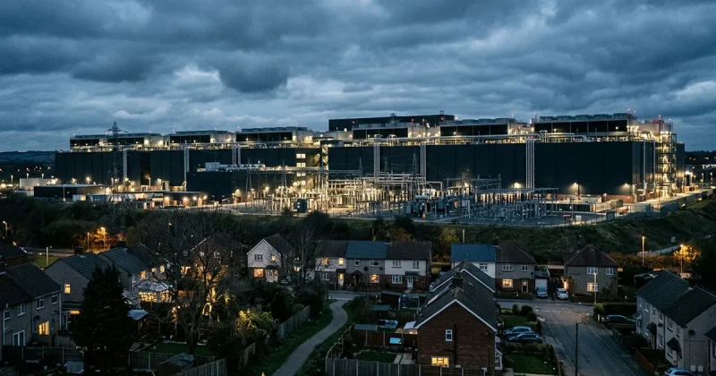 A massive data center facility with cooling infrastructure towering over a residential neighborhood at dusk