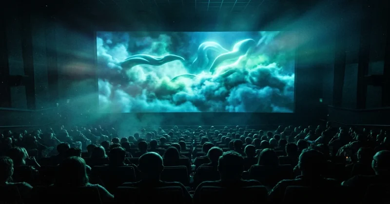 Movie theater audience silhouetted against a glowing screen showing ethereal otherworldly imagery