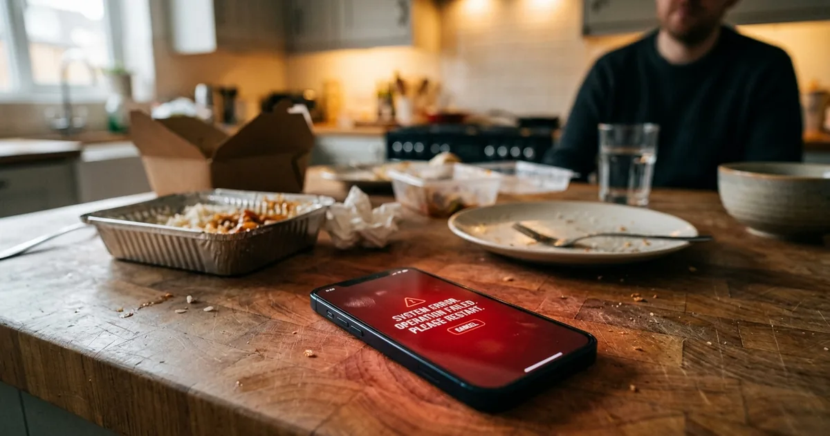 A smartphone displaying a red error screen on a kitchen counter with takeout containers in the background