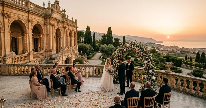 An elegant outdoor wedding ceremony at a Baroque Italian villa with Mediterranean landscape at golden hour