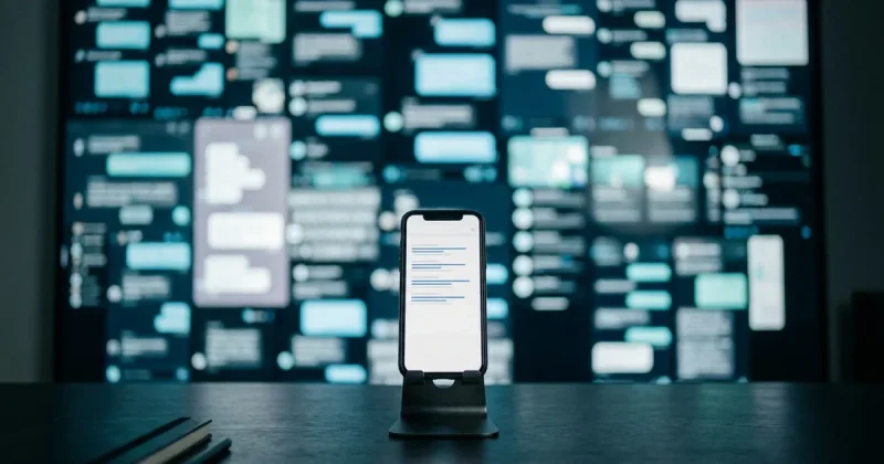 A smartphone on a dark desk displays a simple list of blue text-link search results in sharp focus, set against a large blurred wall of glowing AI chat interface bubbles