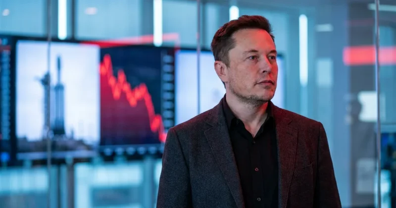 Elon Musk standing in a command center with a steeply falling red stock chart and a SpaceX rocket on screens behind him