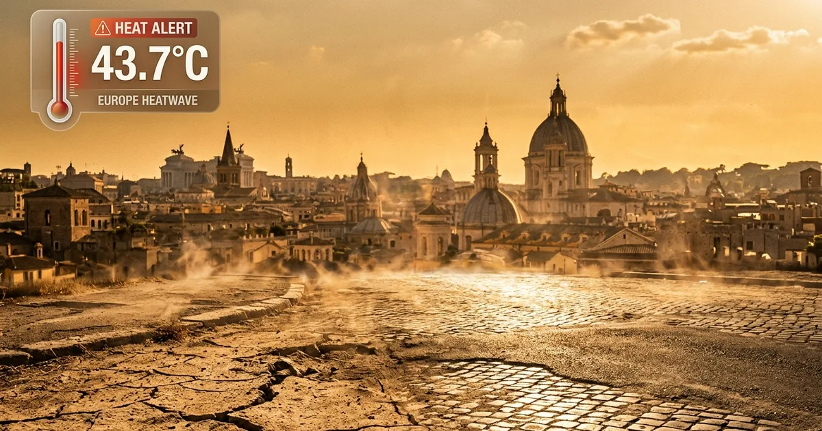 European cityscape shimmering in extreme heat haze with cracked dry earth and historic buildings under golden light