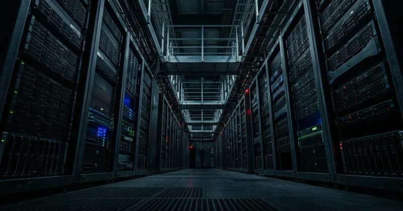 Dark data center with rows of server racks, some powered down, moody blue lighting