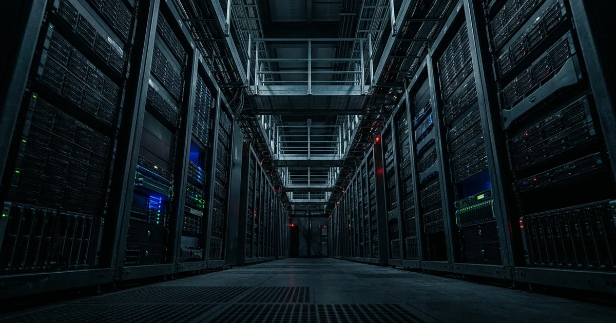 Dark data center with rows of server racks, some powered down, moody blue lighting