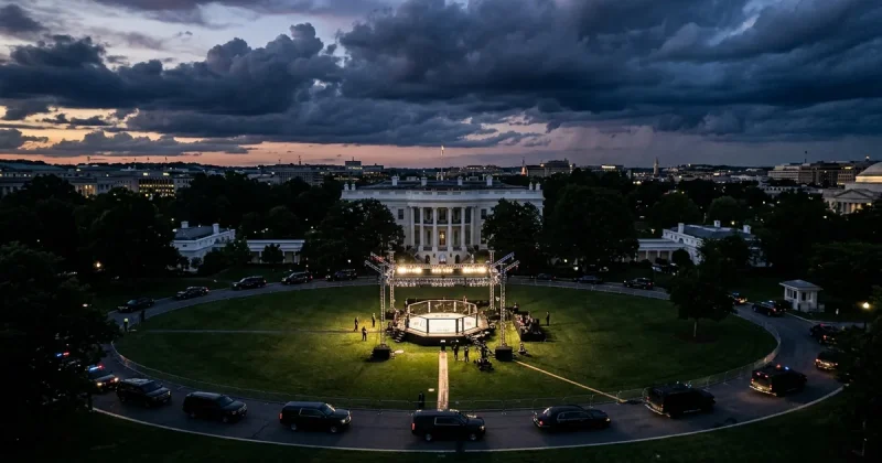 Aerial view of the White House South Lawn at twilight with a UFC octagon set up under bright event lights and security vehicles surrounding the perimeter