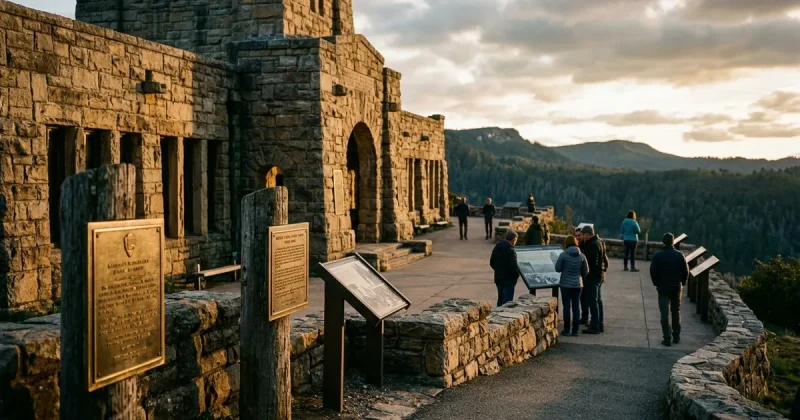 Historical plaques and interpretive signs at a national park monument at golden hour with visitors