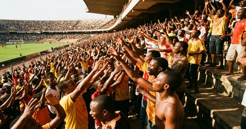 Soccer fans in a sun-drenched stadium raising their hands in the heat with no water bottles visible