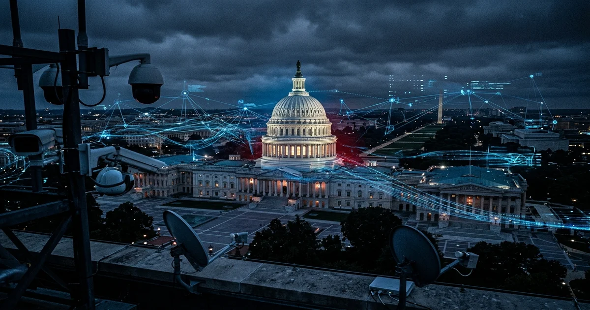 US Capitol building at night with surveillance cameras and digital data streams overlay
