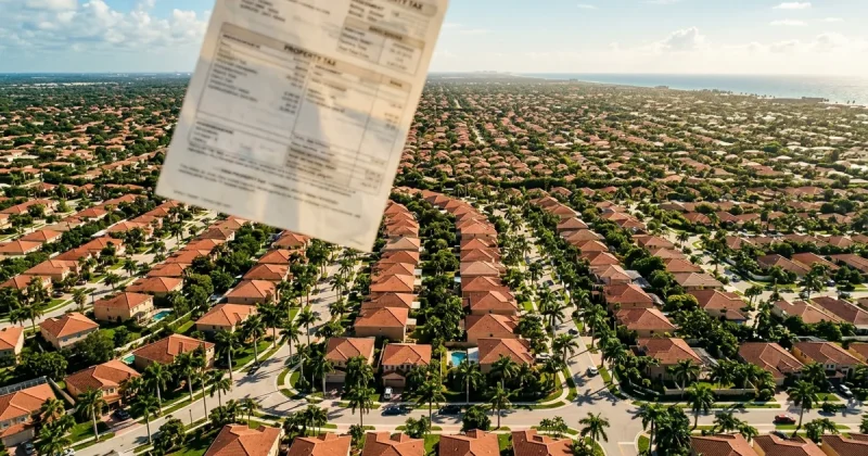Aerial view of sprawling Florida neighborhood with red-roofed houses and palm trees with property tax document