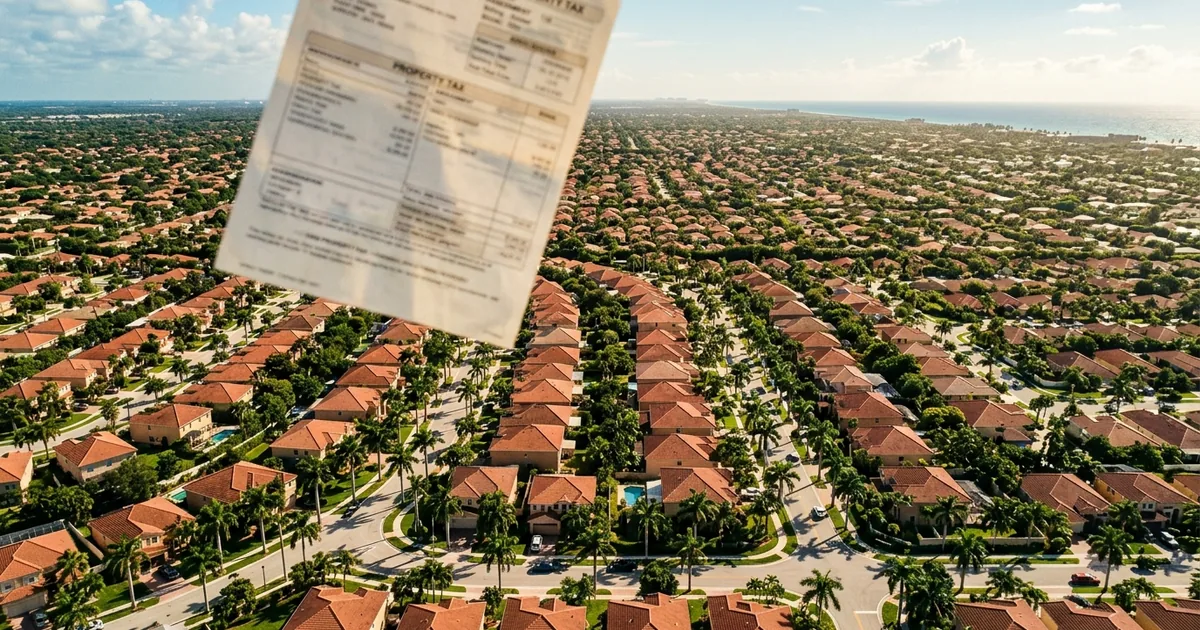 Aerial view of sprawling Florida neighborhood with red-roofed houses and palm trees with property tax document