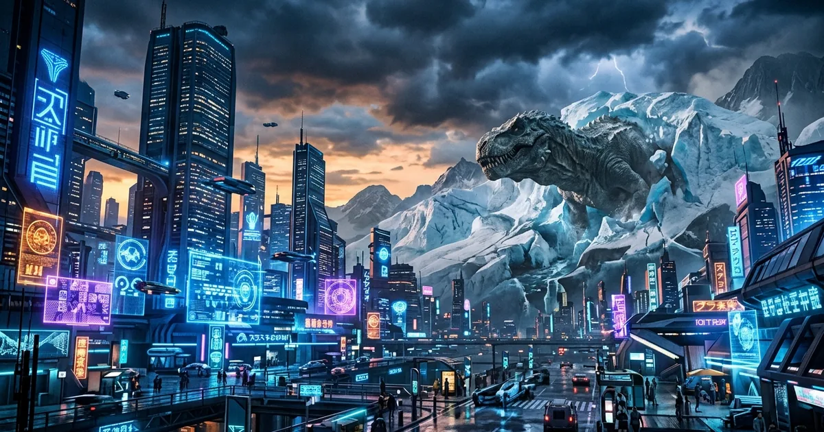 Neon-lit futuristic cityscape with a massive creature emerging from a glacier, evoking Fortnite OG Season 9