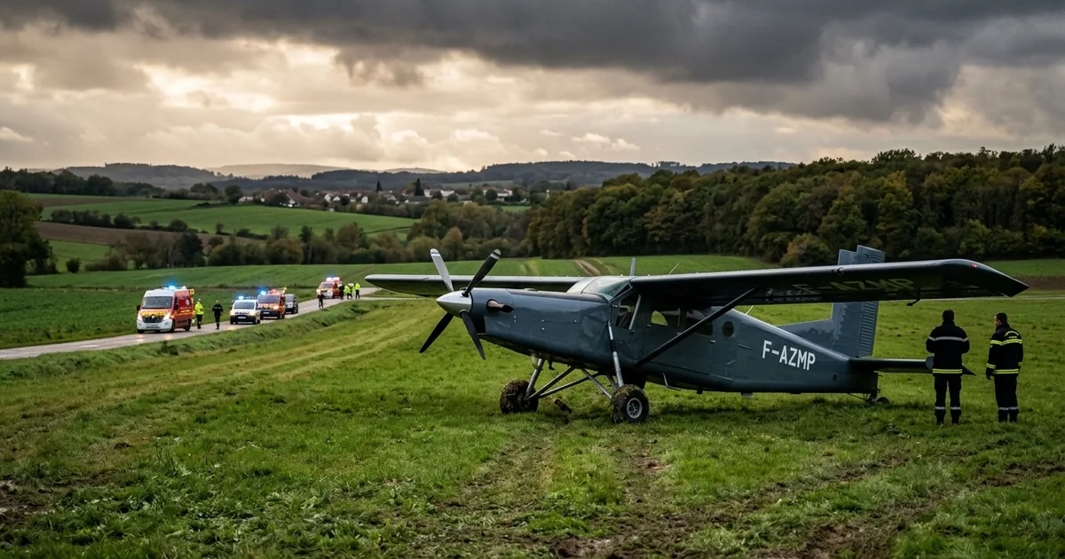 Small turboprop aircraft on a grassy airfield in the French countryside with emergency vehicles and firefighters responding under overcast skies