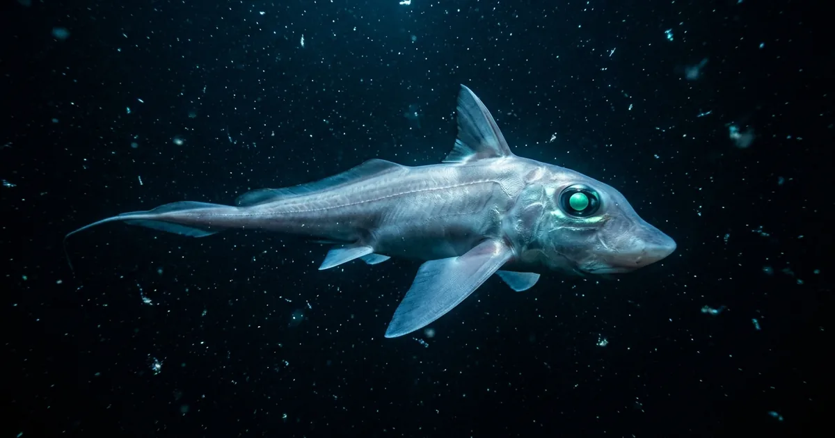 Pale translucent ghost shark with large iridescent eyes swimming in dark deep ocean water with bioluminescent particles