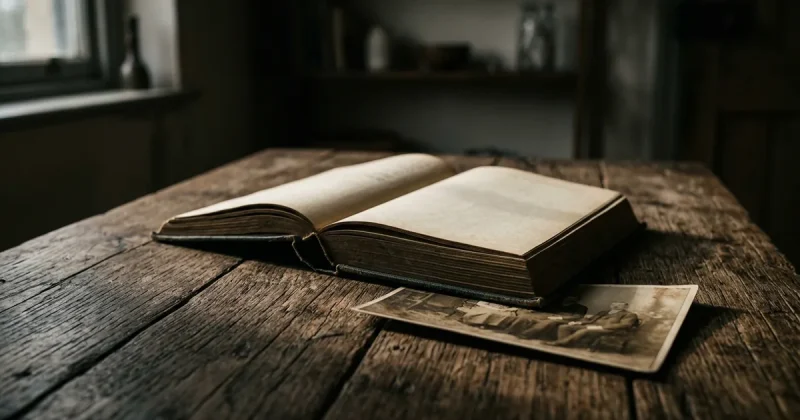 Open hardcover book on weathered wooden table with vintage family photograph partially visible