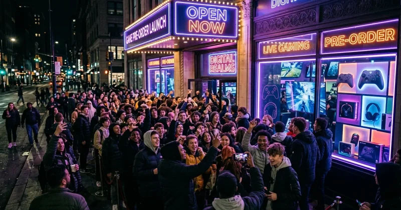 Excited crowd gathered outside a neon-lit gaming store at night for a video game pre-order launch event