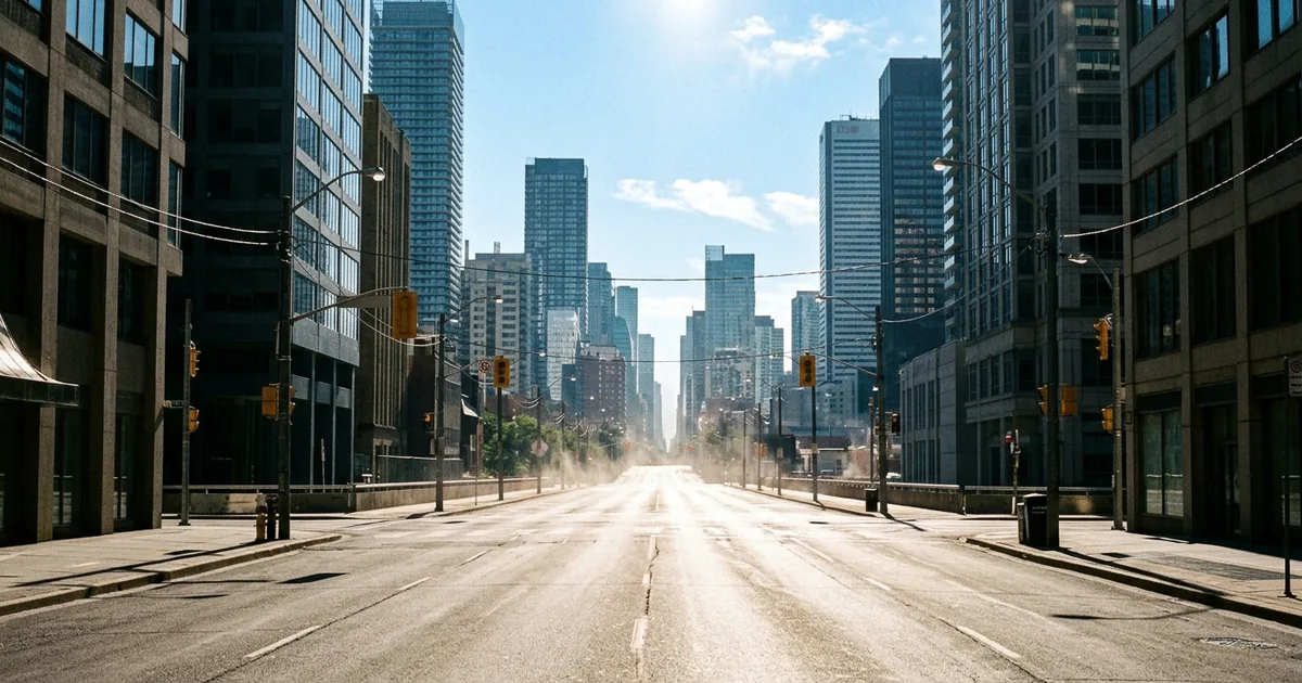 Urban cityscape with heat waves rising from empty asphalt boulevard under harsh midday sun