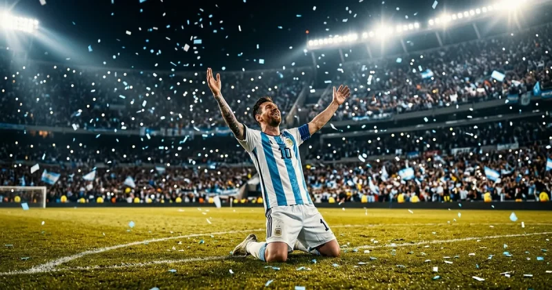 Soccer player in Argentina jersey celebrating on stadium pitch at night with confetti and floodlights