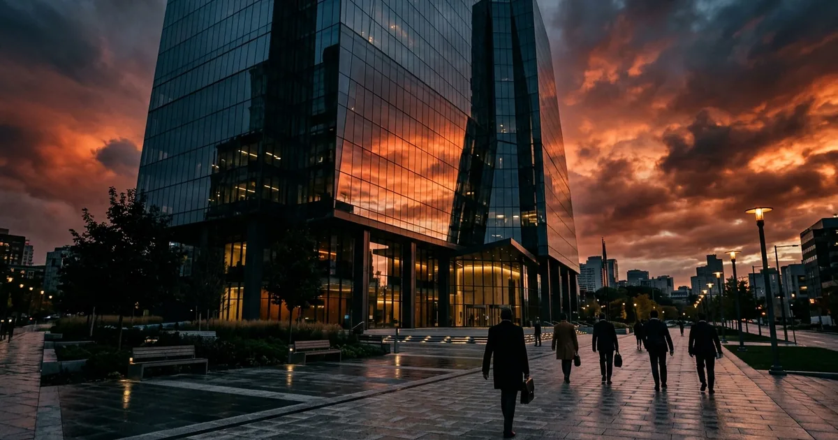 Modern glass corporate building at sunset with silhouettes of professionals walking away